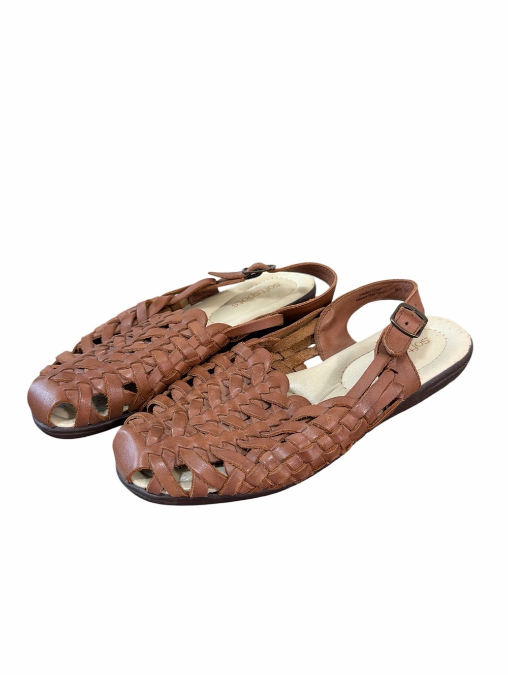 Softspots Women’s 6.5 M Brown Leather Woven Fisherman Slingback Sandals